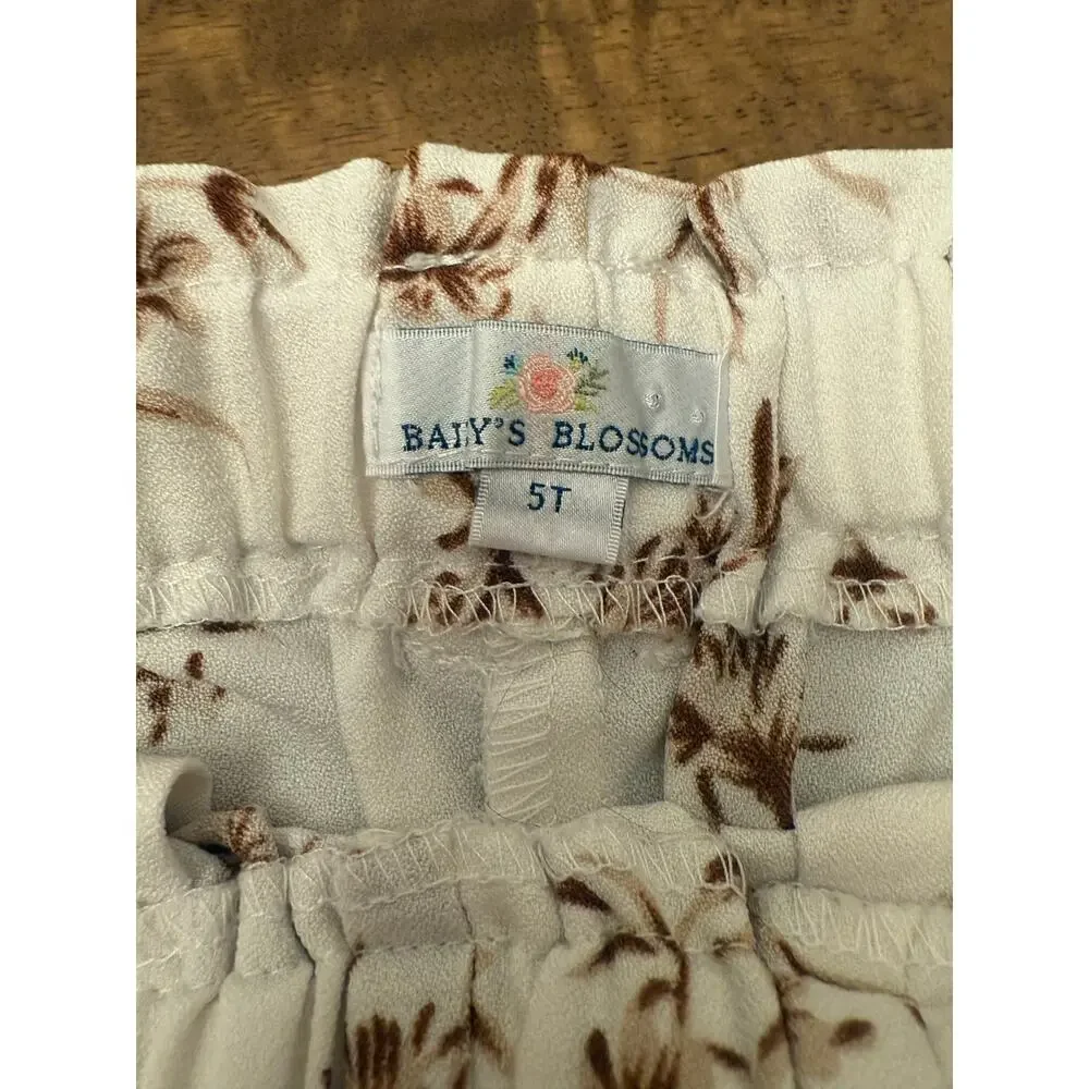 Girls 5T Wide Leg‎ Floral Pants Cream Brown Boho Stretch Waist Soft Lightweight